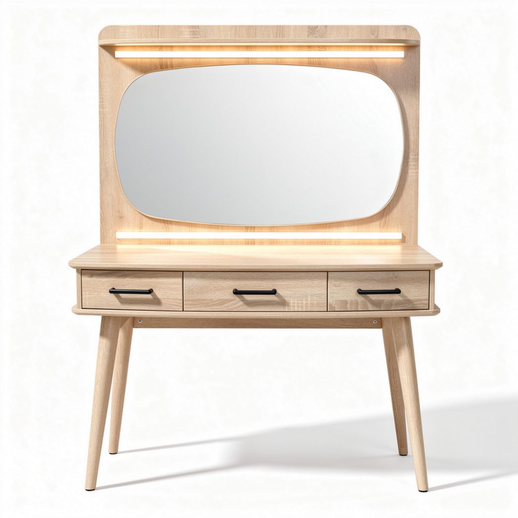 Coiffeuse en bois naturel avec miroir et éclairage intégré 120 x 40 x 160cm