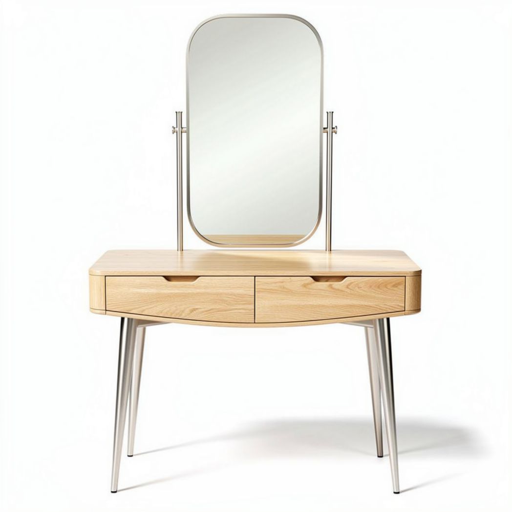 Coiffeuse en bois clair avec miroir oval et tiroirs en métal 60 x 40 x 75cm