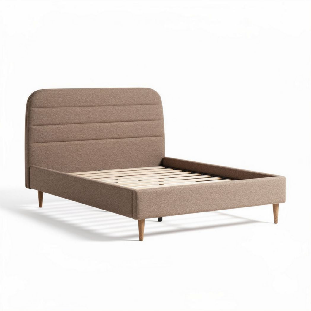 Lit en tissu beige 200 x 160 cm avec tête de lit rembourrée et pieds en bois