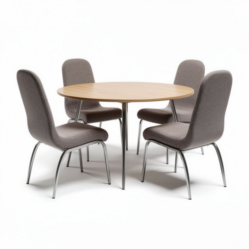 Table ronde en bois avec quatre chaises en tissu gris dimensions 60 x 60 x 75cm