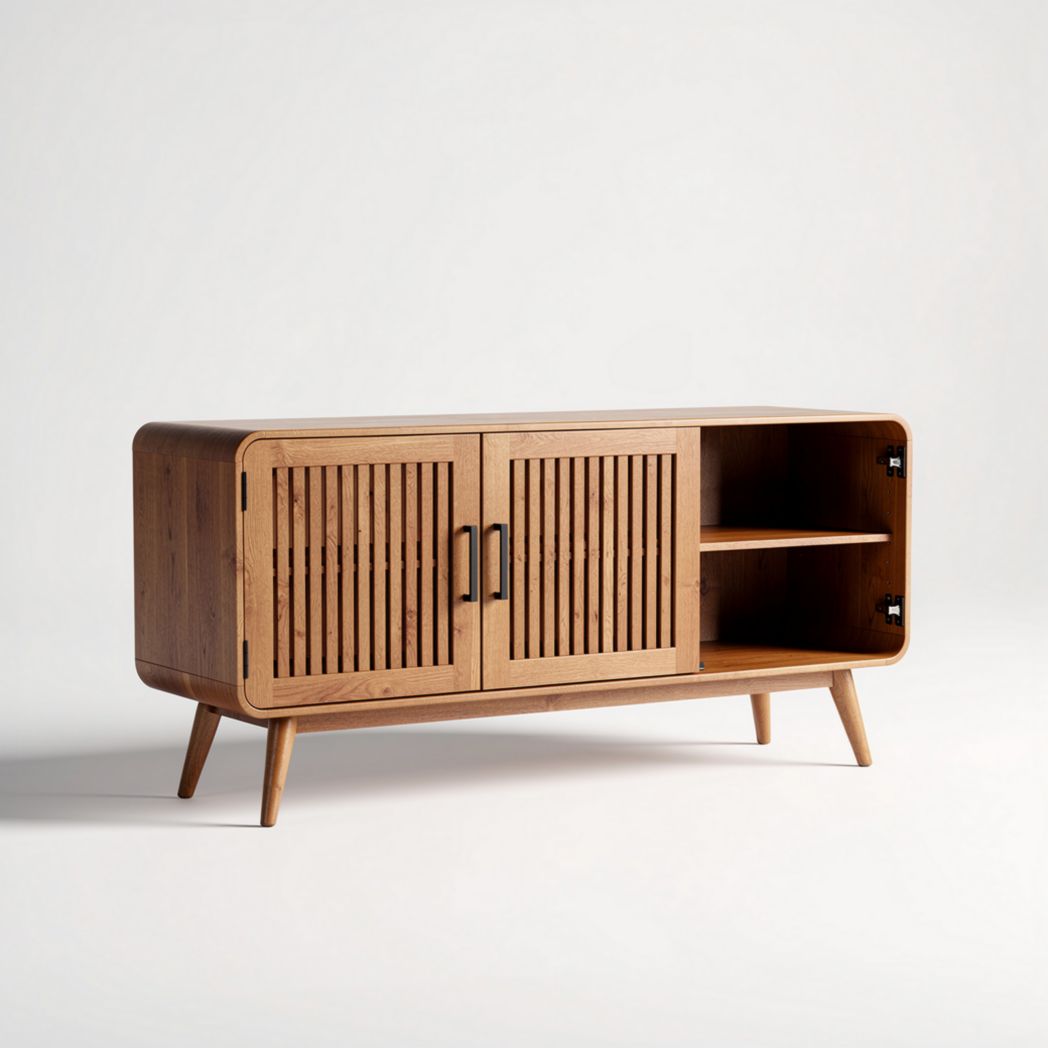 Meuble de télévision en bois naturel avec portes battantes et étagères 120 x 40 x 70cm