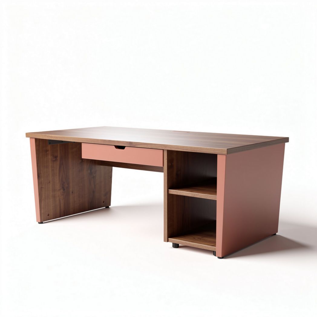 Bureau en bois avec tiroir et étagères 150 x 70 x 75cm couleur rose et chêne