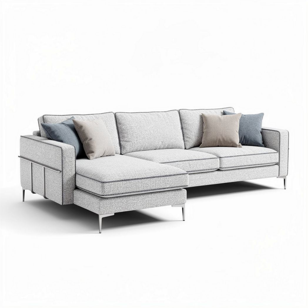 Canapé d'angle en tissu gris clair avec coussins décoratifs 220 x 90 x 85cm