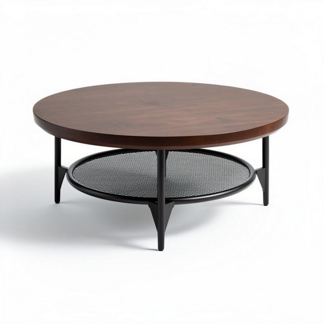 Table basse ronde en bois avec étagère en métal noir 80 x 80 x 40cm